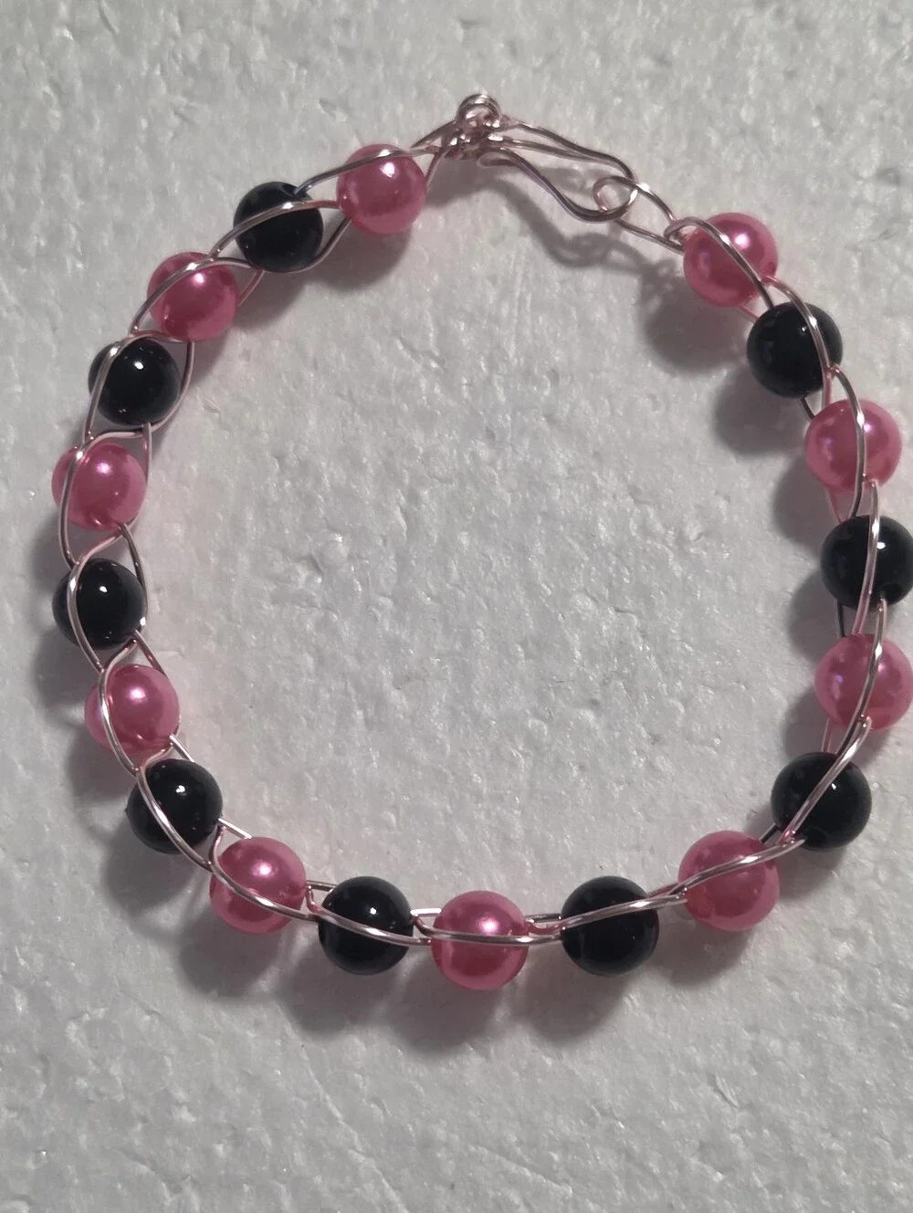 Handcrafted Pink and Black Faux Pearl Wire Bracelet